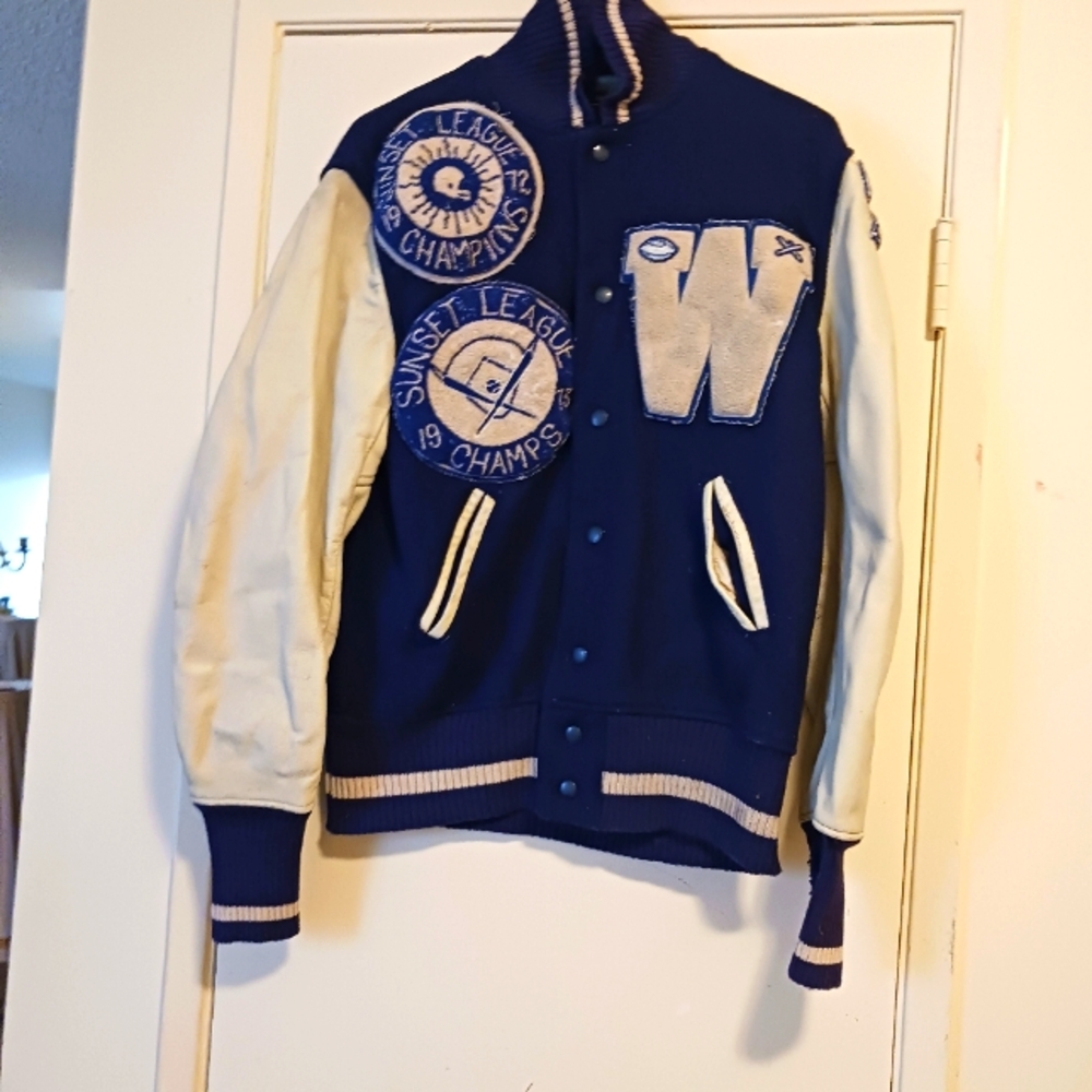 Vintage 80's Varsity Jacket Navy Blue Wool & White Leather Jacket Sz 44 Men